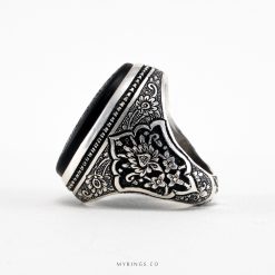 Islamic Ring Ayatul Kursi On Black Yemeni Aqeeq With Silver Ring