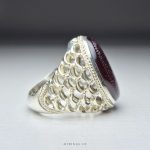 Hand Engraved Dark Red Yemeni Aqeeq Men Silver Ring