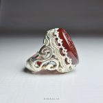 Hand Engraved Red Yemeni Aqeeq Men Silver Ring