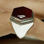Hexagonal Red Yamani Aqeeq With Silver Ring MR0313 - Image 3
