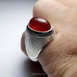 Special Red Yamani Aqeeq With Handmade Silver Ring