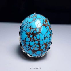 Handcrafted Sterling Silver Ring with Premium Persian Turquoise and Brown Striations MR0435
