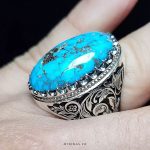 Handcrafted Sterling Silver Ring with Engraved Floral Design and Genuine Neyshabur Turquoise MR0436