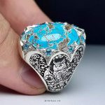 Handcrafted Silver Ring with Floral Engravings and Genuine Neishabour Turquoise Gemstone MR0437
