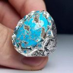 Handcrafted Silver Ring with Floral Engravings and Genuine Neishabour Turquoise Gemstone MR0437