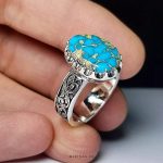 Handmade 925 Silver Ring with Genuine Neyshabur Turquoise and Golden Veins MR0438