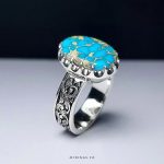 Handmade 925 Silver Ring with Genuine Neyshabur Turquoise and Golden Veins MR0438