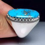 Artisan Sterling Silver Ring with Authentic Neyshabur Turquoise and Elegant Silver Streaks