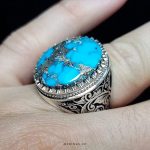Elegant Handmade Silver Ring with Intricate Laser Engraving and Exquisite Blue Turquoise with Silver Veins Stone MR0478