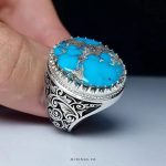 Elegant Handmade Silver Ring with Intricate Laser Engraving and Exquisite Blue Turquoise with Silver Veins Stone MR0478