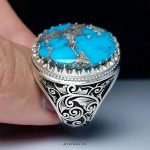 Elegant Handmade Silver Ring with Intricate Laser Engraving and Exquisite Blue Turquoise with Silver Veins Stone MR0478