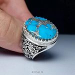 Elegant Handmade Silver Ring with Intricate Laser Engraving and Exquisite Blue Turquoise with Silver Veins Stone MR0478