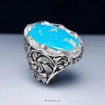 Exquisite Handmade Silver Ring with Laser Engraving and Rare Nishapuri Blue Turquoise Stone MR0479