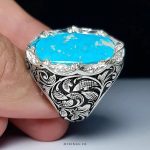 Exquisite Handmade Silver Ring with Laser Engraving and Rare Nishapuri Blue Turquoise Stone MR0479