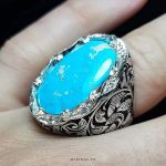 Exquisite Handmade Silver Ring with Laser Engraving and Rare Nishapuri Blue Turquoise Stone MR0479
