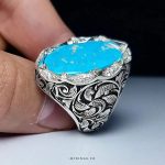 Exquisite Handmade Silver Ring with Laser Engraving and Rare Nishapuri Blue Turquoise Stone MR0479