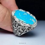 Exquisite Handmade Silver Ring with Laser Engraving and Rare Nishapuri Blue Turquoise Stone MR0479