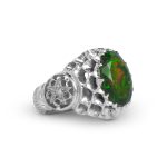 Premium Dark Green Opal Silver Ring with Multi-Color Fire R0492
