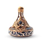 Enamel-Decorated Bronze Signet Stamp with Engraved Agate and Sapphire-Tone Teardrop Accents R0500