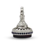 Sterling Silver Signet Stamp with Engraved Agate and Sapphire-Tone Accents R0503
