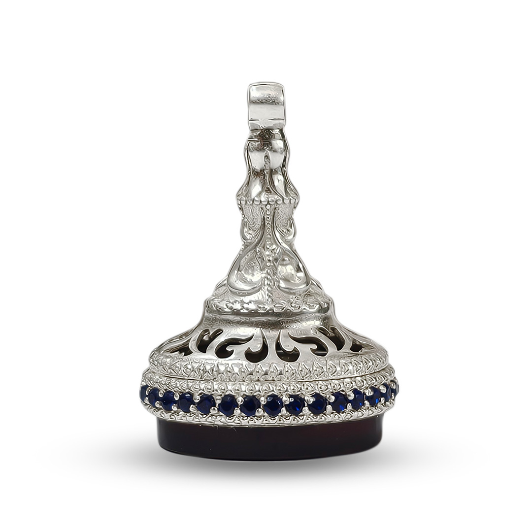 R0503-Signet-Seal-Stamp-1 Sterling Silver Signet Stamp with Engraved Agate and Sapphire-Tone Accents R0503
