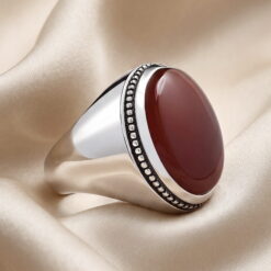 Red Yemeni aqeeq cabochon set in a handmade 925 sterling silver ring