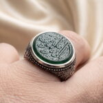 Green agate silver ring with Ya Amir al-Muminin engraving worn on the hand